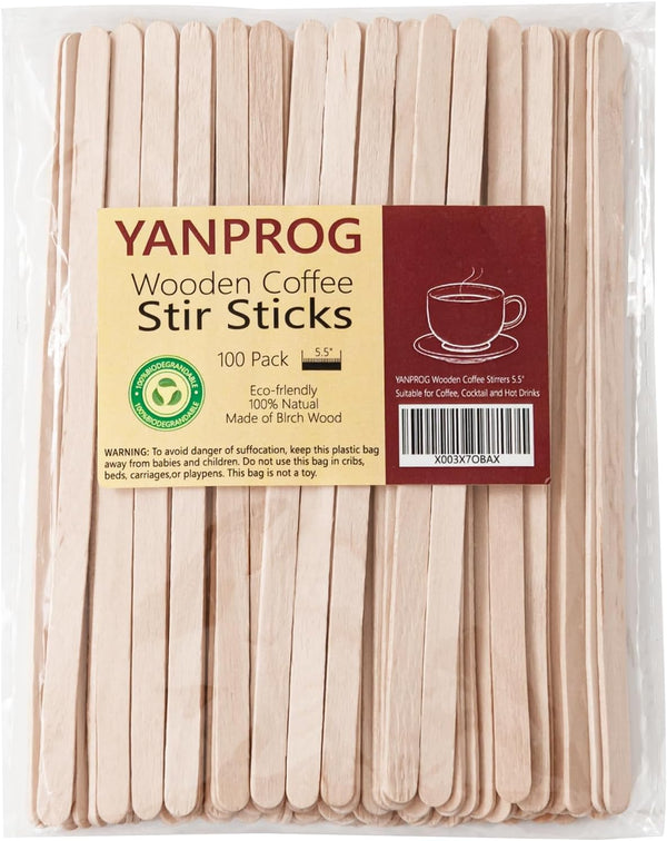 YANPROG Wooden Coffee Stirrers 5.5" Coffee Stir Sticks 100 Pcs, Natural Birch Round