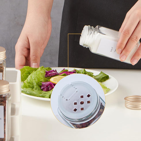 48 4oz Pcs Spice Jars with Label- Glass Spice Jars with Gold Metal Caps,Shaker Lids, Funnel, Chalk Pen, Brush,Cleaning