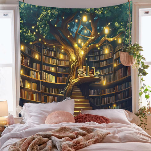 36"x48" Jhdstore Tree of life Tapestry Wall Hanging Fantasy Library Tapestry for Bedroom Mysterious Tree Bookshelf