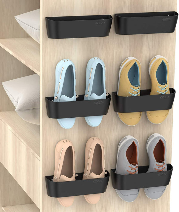 Wall Mounted Shoes Rack 6 Pack with Sticky Hanging Strips, Plastic Shoes Holder Storage Organizer, Door Shoe Hangers