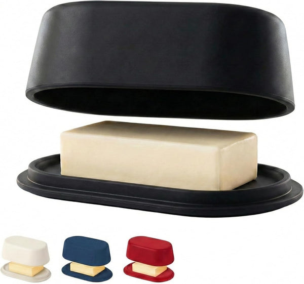 Grey Butter Dish with Lid for Countertop - Modern Plastic Dark Grey