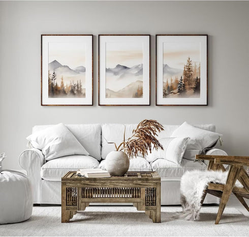 Neutral Mountain Wall Art Decor, Set of 3 Forest Canvas Posters for Living Room Bedroom (12x16 Inch Unframed)