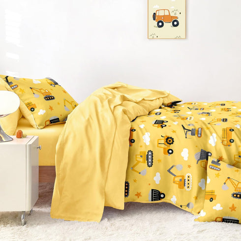 Set Set 5 Wake In Cloud - Construction Car Bedding for Boys, Excavator Truck Crane Tractor, Soft Lightweight Comforter