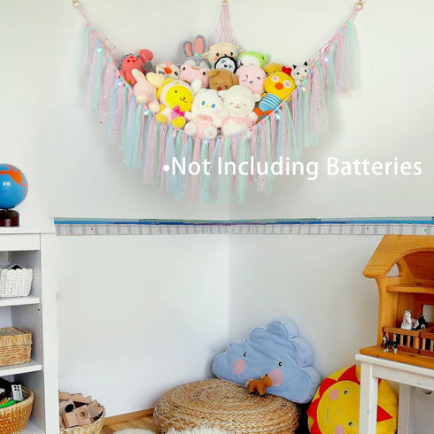 Hammock 59 Inch Stuffed Animal with LED Lights - Large Toy Storage Net for Kids Bedroom, Wall-Mounted Plush Organizer