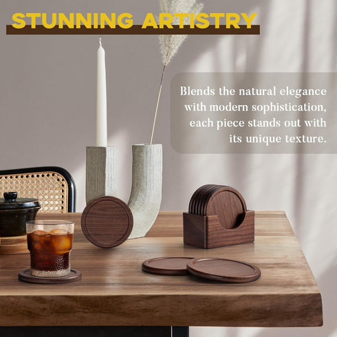 Set 6 Wood Coasters with Holder, GOH DODD of Walnut Wooden Coaster Tabletop Protection for Drinks Coffee Table Home