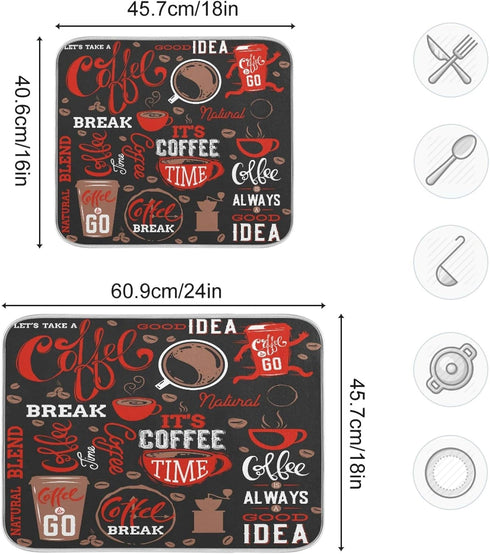 Coffee Theme Dish Drying Mat 18 x 24 Inch, Absorbent Microfiber Pad for Kitchen Counter, Drainer Mat for Dishes