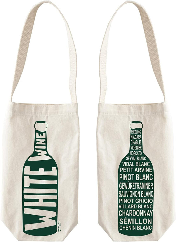 MAPTOTE Screen Printed Canvas Wine Gift Tote with Handles, 12” x 4” x 3”, White Wine Bag for Picnics, Travel