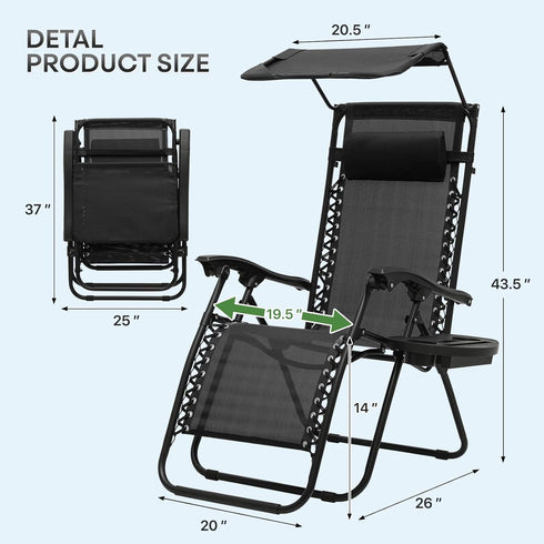 Athena Collection Folding Zero Gravity Chair with Canopy, Adjustable Lounge Chair Recliner, Outdoor Lawn Chair Camping