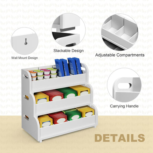 3-Tier Countertop Wisuce Tea Holder for Tea Bags Organizer - White Bamboo Tea Organizer for Tea Bags Stackable Wall