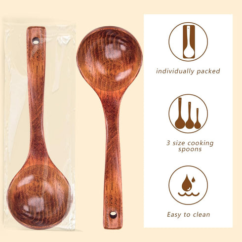3PCS Wooden Ladle Spoon Set by HANSGO, Non-Stick Natural Teak Wood Kitchen Utensils for Cooking, Stirring, Serving