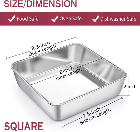 P&P CHEF 8 Inch Square Baking Cake Pans, Small Stainless Steel Lasagna Brownie Pan, Non-toxic & Durable