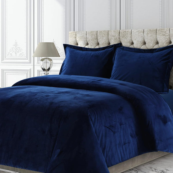 Venice Velvet Oversized Solid Duvet Set, 3 pcs, King, Navy Blue by Tribeca Living