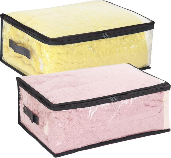 Fixwal 2pcs Clear Clothes Organizer Storage Bags, Foldable PVC Organizers with Zipper for Bedding Sets & Closet