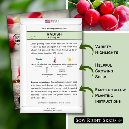 Packet (3) Sow Right Seeds - Champion Radish Seed for Planting - Non-GMO Heirloom with Instructions to Plant a Home