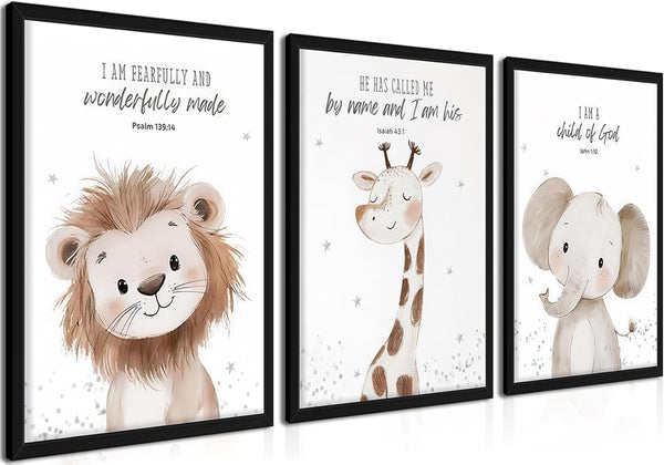 Framed Nursery Wall Art Set of 3, Kids Bible Verse Animal Canvas
