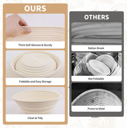 Sourdough Bread Baking Supplies - Set of 2 Silicone Banneton Proofing Baskets, 9 Inch Round & 10 Inch Oval