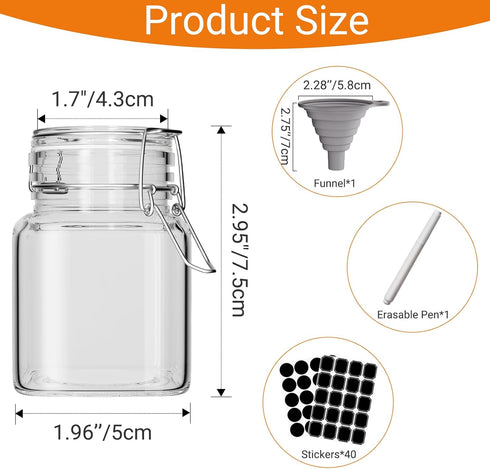 DHSBTLS 4oz Mini Square Spice Jars, 12 Pack Glass Mason Jars with Airtight Hinged Lid, Leak Proof Storage Container for Spices, Honey, Food Bottles with Silicone Funnel and 40 Labels &Chalkboard Pen