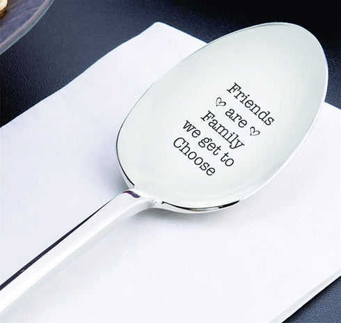 Friends are Family Friendship Day Spoon, Quotes Engraved Reunion Presentation, 7 Inches Stainless Steel Gift