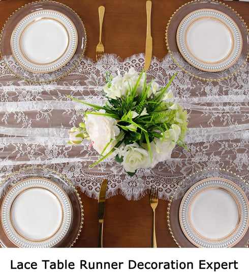 ShinyBeauty 30x120 Inch White Lace Table Runner - Rustic Boho Party Table Linen for Wedding and Special Events