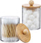 2 Pack Qtip Holder Dispenser with Bamboo Lids, 10 oz Clear Plastic Apothecary Jars for Bathroom