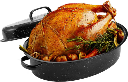 JY COOKMENT 15.7" Enameled Oval Roaster with Domed Lid, Dishwasher Safe for Turkey, Chicken, Ham
