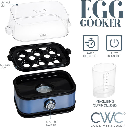 COOK WITH COLOR: 210 Watt Egg Cooker - 6 Egg Capacity with Rapid Cook Time, Auto Shut Off, and Measuring Cup.