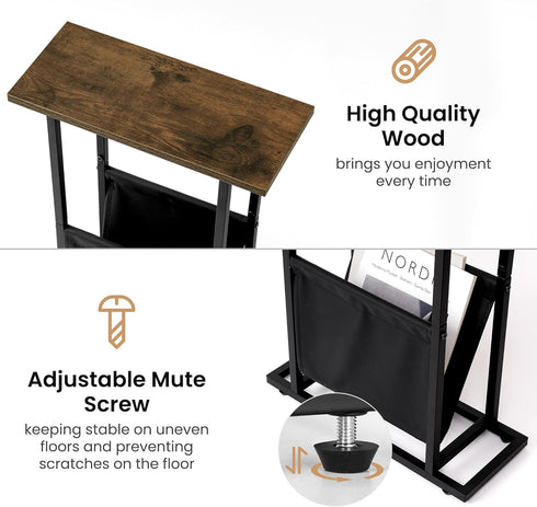 Acovy Narrow Side Table for Small Place,Metal Table with PU Leather Bag,Slim Nightstand for Reading Or Storage,Sofa