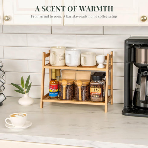 Countertop 2 ANBOXIT Rattan-Look Matcha Station Organizer, Bamboo Tea & Coffee Accessories Station Organizer, Tier Mug