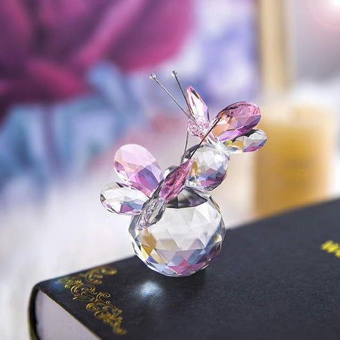 H&D HYALINE & DORA Pink Crystal Cut Double Butterfly Figurine, Handmade Art Glass Collectible Gift, Gift Boxed