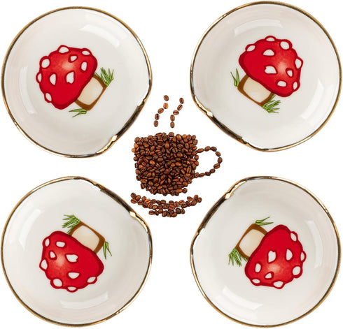 4 PCS Mushroom Coffee Spoon Rest, Ceramic Spoon Rests with Gold Rim for Coffee Bar Accessories, Mini Cooking Spoon