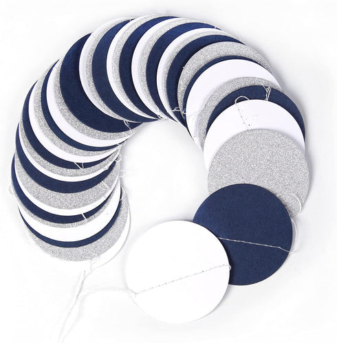 52Ft Navy Blue White Silver Paper Garland, Gender Reveal Hanging Decoration Streamer Banner for Graduation, Wedding,