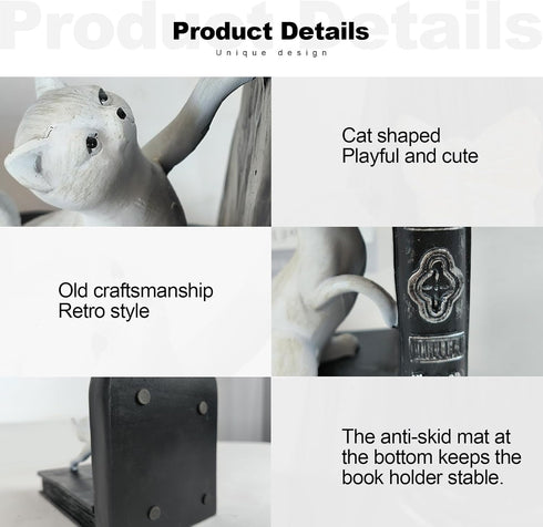 1 LIFFY Decorative Bookends, Heavy Duty Resin Cat Bookends, Non-Skid Bookshelf Stopper, Cute Cat Figures for Shelves