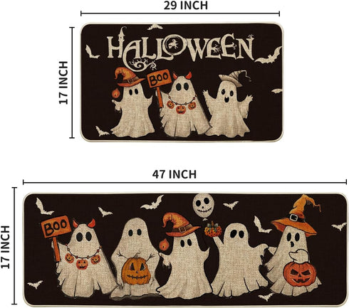 Artoid Mode Ghost Pumpkin Bat Black Halloween Kitchen Mats Set of 2, Low-Profile Kitchen Rugs for Floor - 17x29 and