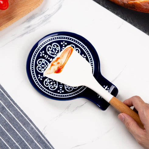 Porcelain Spoon Rest, Ceramic Utensils Holder for Kitchen Counter and Stove Top, Modern Farmhouse Decorative, Navy