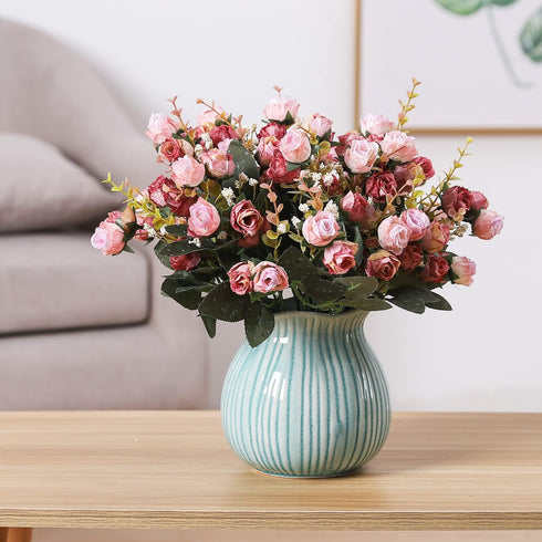 Duovlo 7 Branch 21 Mini Rose Heads Artificial Flowers Bouquet, Pack of 4, Wedding Home Office Decor, Pink