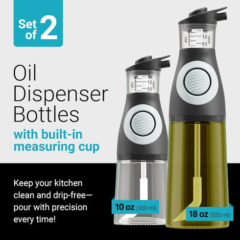 Set 2 Oil and Vinegar Dispenser - Glass Olive Oil Cruet Bottles with Measuring Cup - Non-Drip Kitchen Dispenser