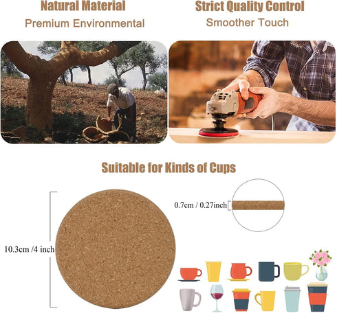 8 Pcs Thicker Cork Drink Coasters with Holder, Absorbent for Coffee Table, Wooden Coaster Set