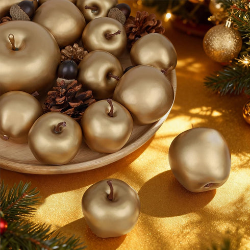 Meiwlong 15Pcs Sets,Plastic Artificial Gold Apples Fruits,Decorative Fake Fruits Faux Apples for Christmas Home Kitchen