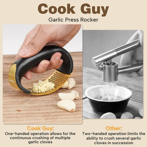 304 Set Cook Guy Stainless Steel Garlic Press Rocker - Premium Garlic Mincer, Crusher, Peeler, and Scraper Tool