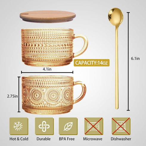 4pcs 14oz Set Ollieroo Coffee Cups,Vintage Coffee Mugs, Overnight Oats Containers with Lids and Spoons, Coffee Glasses