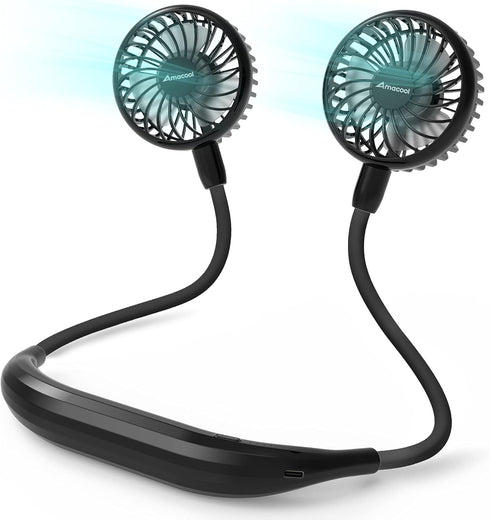 AMACOOL Neck Fan - Battery Operated Neckband Fan, Hands-Free Wearable Personal Fan for Hot Flashes, Travel (Black)