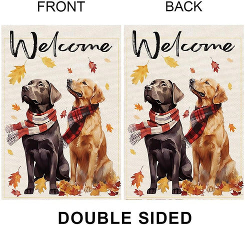 Welcome Fall Dog Garden Flag, 12x18 Inch Double Sided for Outside Thanksgiving, Small Flag for Labrador Golden Retriever