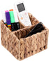 Wicker Remote Control Holder, Hand Woven Desk Organizer with 3 Compartments for Desktop Storage