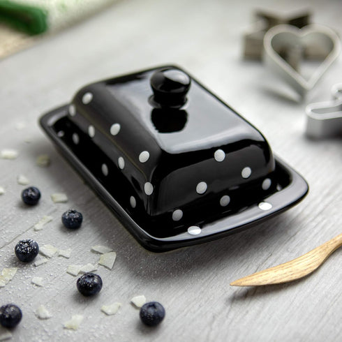 Countertop City to Cottage Large Ceramic Butter Dish With Lid for - Handcrafted Black and White Polka Dot Keeper