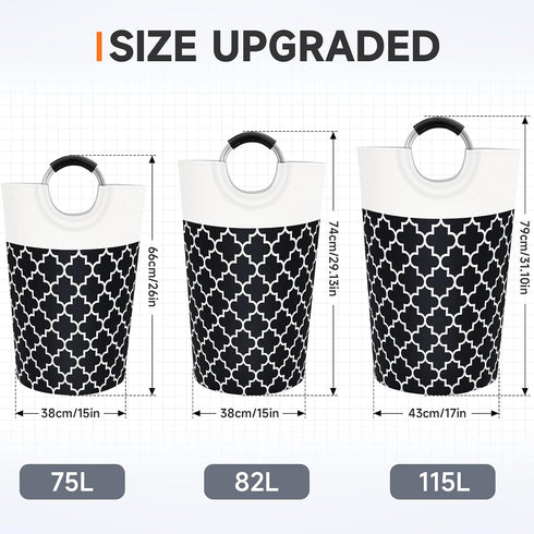Large Laundry Basket Hamper Bag, Collapsible Tall with Handles, Waterproof Storage for College Dorm, Family (Black) 115L