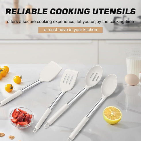 TeamFar Kitchen Utensils, 4 PCS Silicone Cooking Utensils with Stainless Steel Handle for Nonstick Cookware, Non-toxic