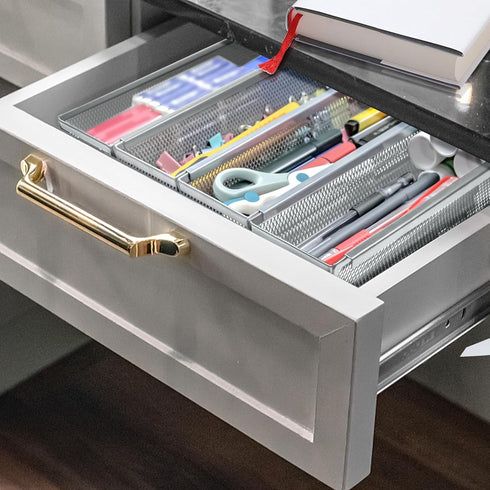 Fodofodo 4PCS (12 3 2 Inches,Grey) Drawer Organizer for Kitchen,Utensil Mesh Drawer Organizer with Interlocking Arm