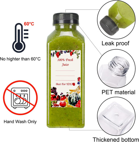36pcs 12oz SUPERLELE Plastic Juice Bottles with Caps, Reusable Juicing Bottles, Clear Drink Containers with Lids