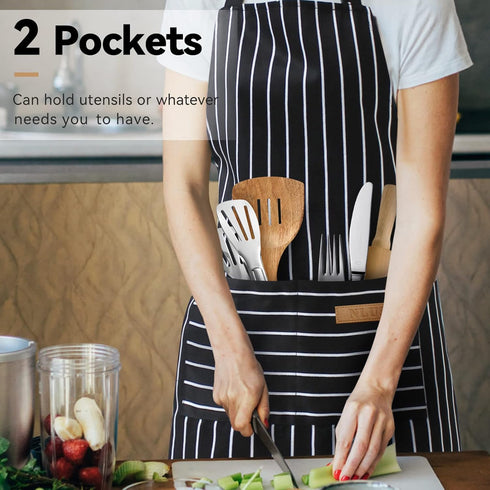 2 Pack 2 NLUS Kitchen Cooking Aprons, Adjustable Bib Soft Chef Apron with Pockets for Men Women(Black/Brown Stripes)