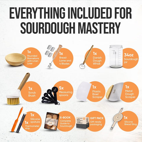 9" 34oz Complete Sourdough Starter Kit and Sourdough Bread Baking Supplies - Includes Banneton Proofing Basket